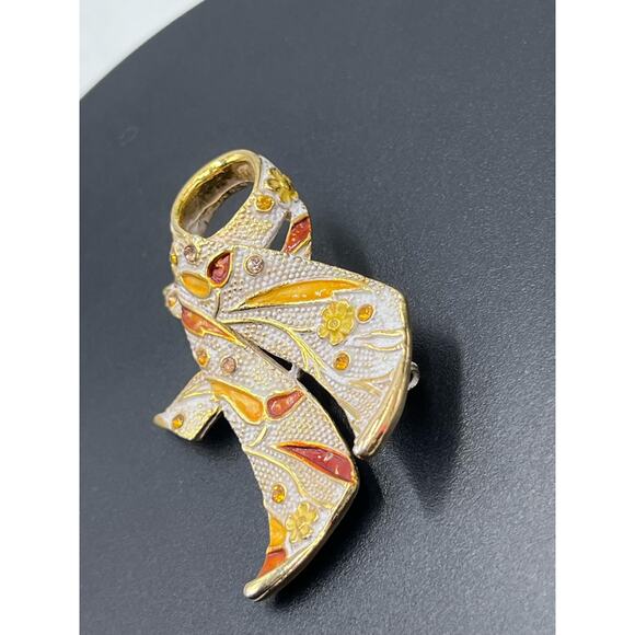 BSK Vintage Gold Tone Orange Yellow Enameled Flower Rhinestone Encrusted Brooch - Picture 3 of 13